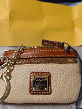 Dooney & Bourke Cream Pebble Leather Mini Key Pouch with Brown Trim